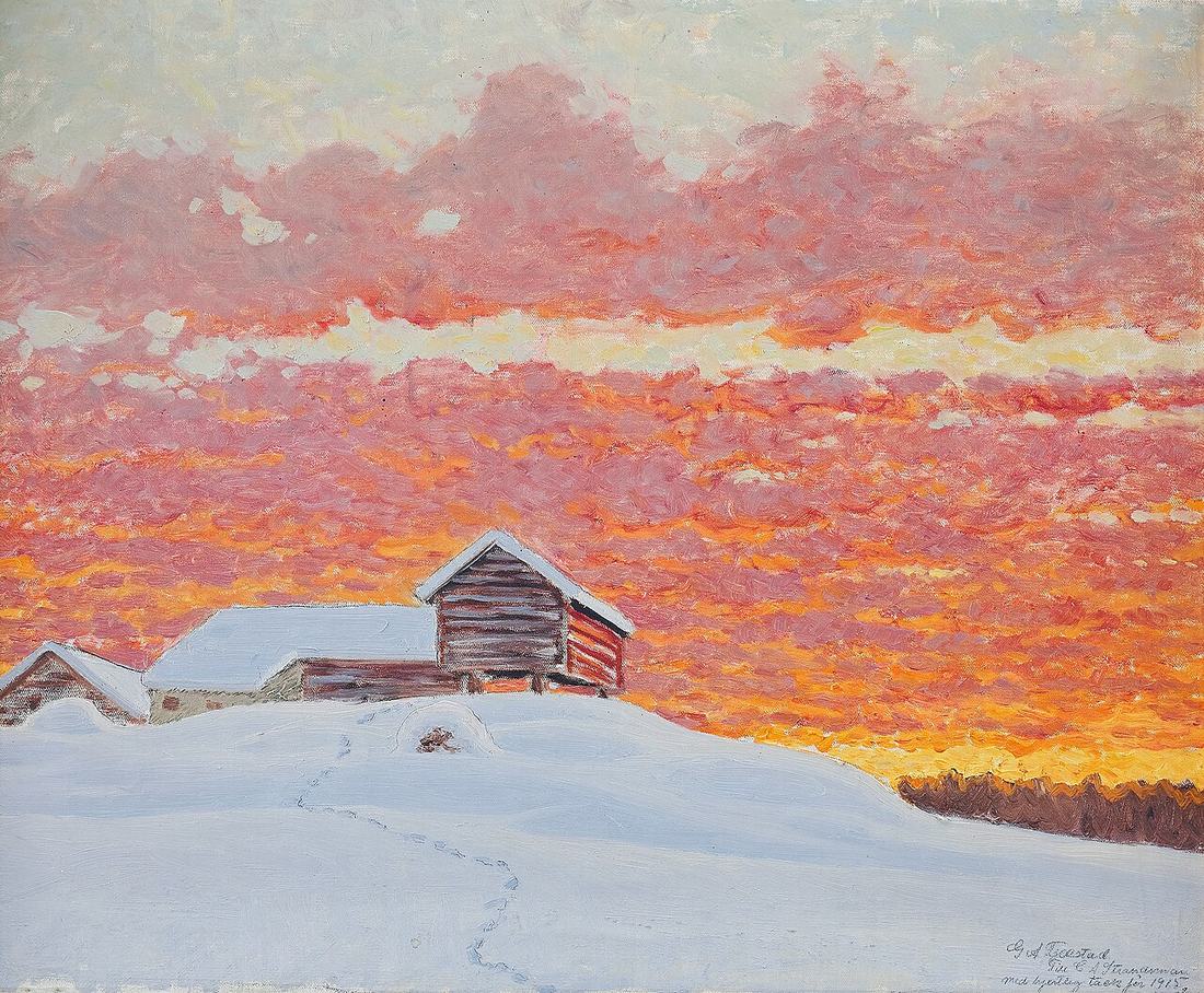 A painting of a snow-covered farm in winter